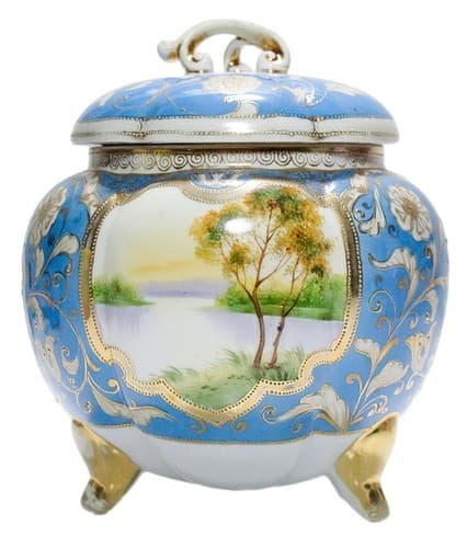 NIPPON Japan Antique Hand Painted Scenic Porcelain Covered Biscuit Jar RARE - Image 1