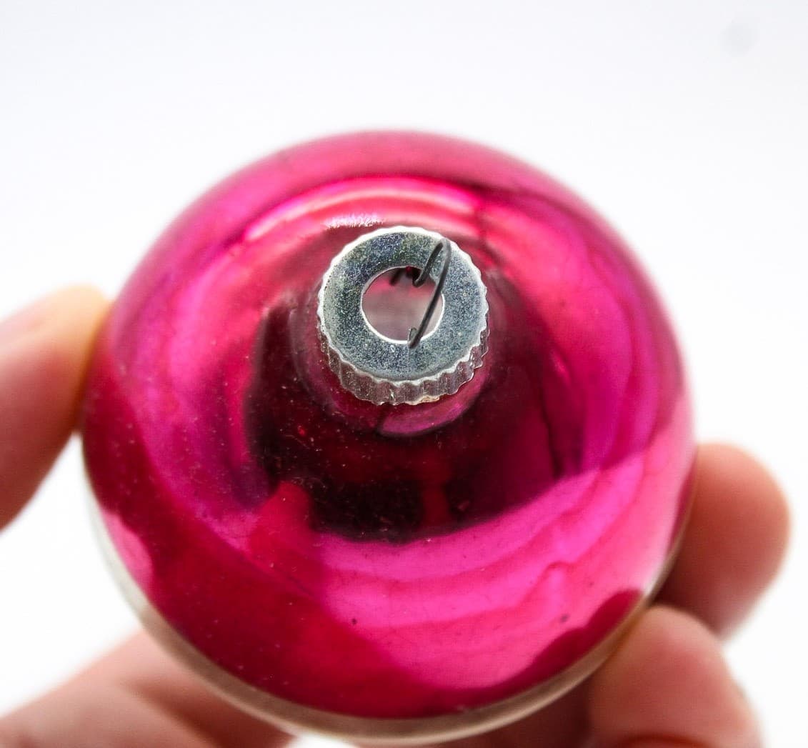 Shiny Brite Vintage Silvered Pink Green Striped Ball Glass Christmas Ornament - Thumbnail 5
