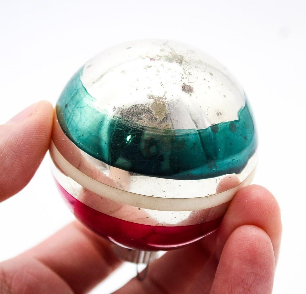 Shiny Brite Vintage Silvered Pink Green Striped Ball Glass Christmas Ornament - Thumbnail 4
