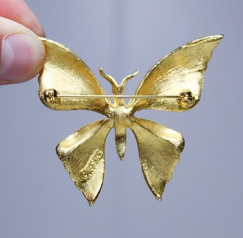 Vintage Gold Tone Textured Butterfly BSK Signed Designed Pin Brooch - Thumbnail 3