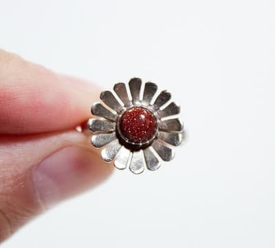Vintage 925 Sterling Made In Mexico Natural Goldstone Sun Motif Ring Size 6 - Thumbnail 6