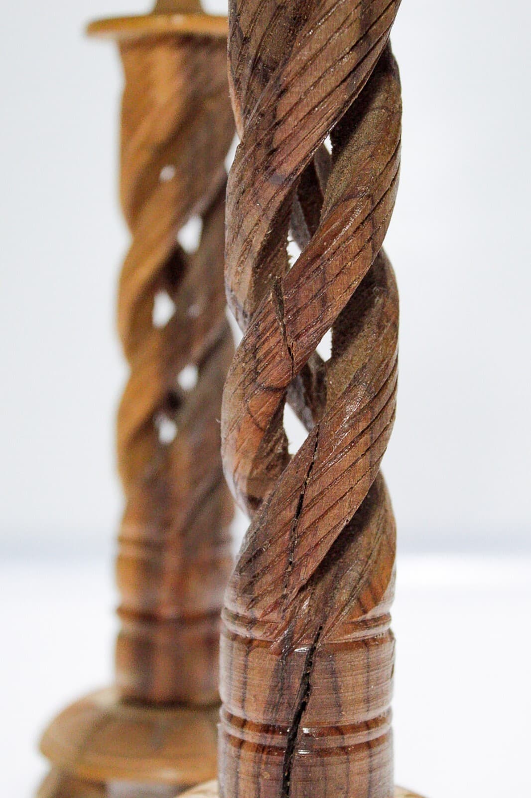 Pair of Vintage Gothic Style Natural Wood Spiral Columns Candle Holders - Thumbnail 5