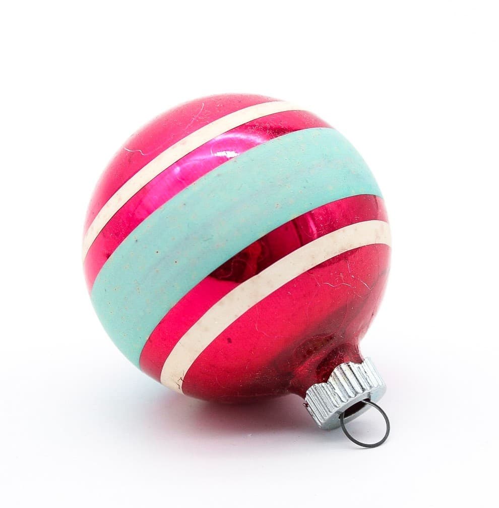 Shiny Brite Vintage Pink Turquoise White Striped Ball Glass Christmas Ornament - Thumbnail 2