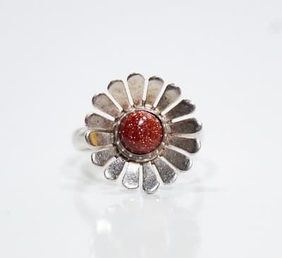 Vintage 925 Sterling Made In Mexico Natural Goldstone Sun Motif Ring Size 6 - Thumbnail 2