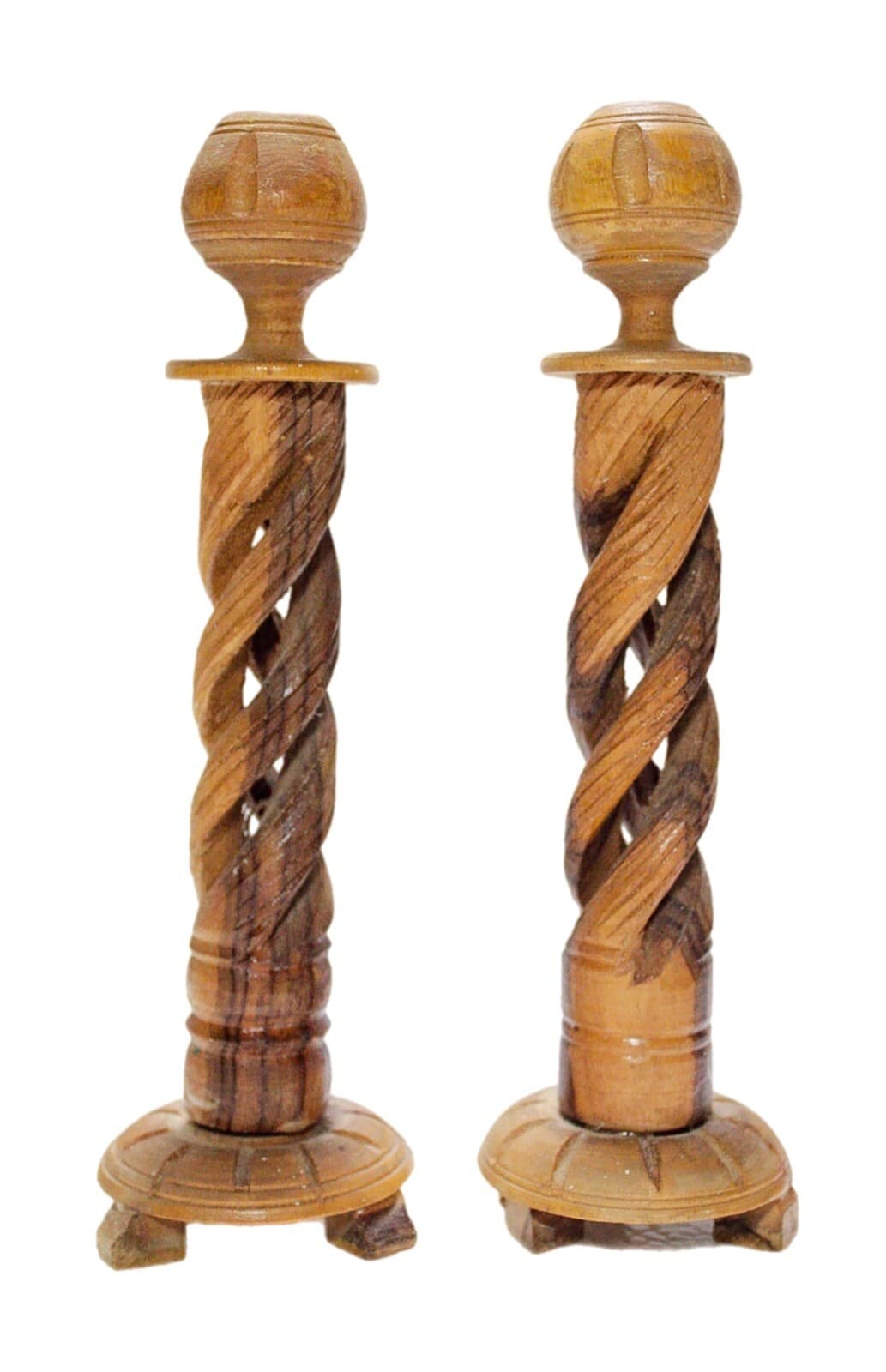 Pair of Vintage Gothic Style Natural Wood Spiral Columns Candle Holders - Image 1