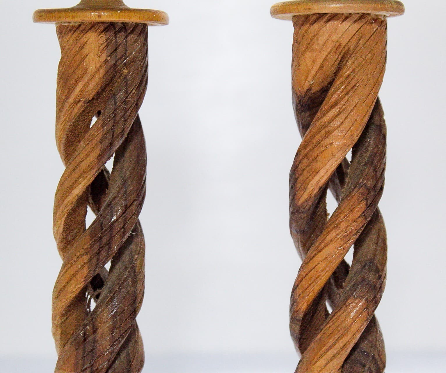 Pair of Vintage Gothic Style Natural Wood Spiral Columns Candle Holders - Thumbnail 2