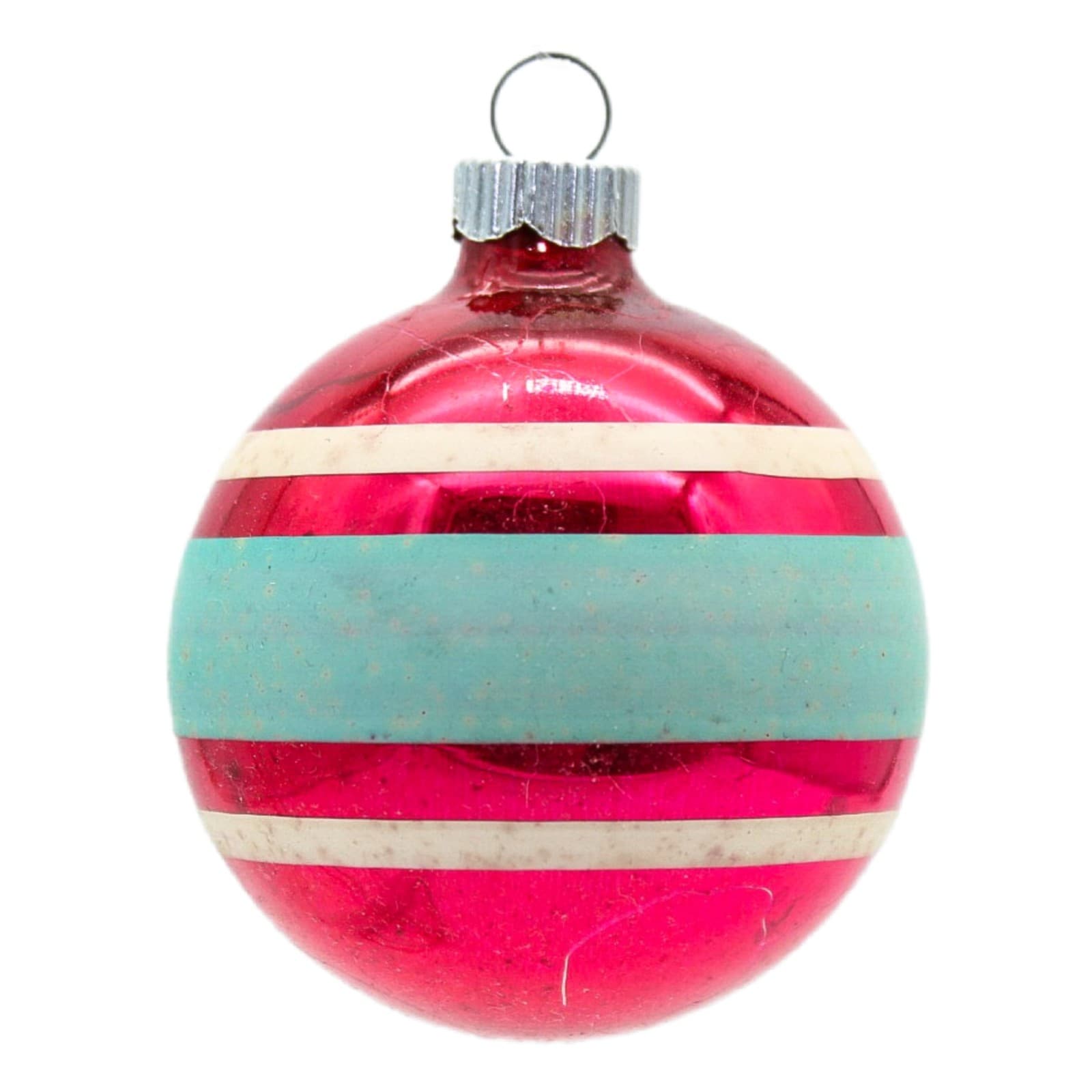 Shiny Brite Vintage Pink Turquoise White Striped Ball Glass Christmas Ornament - Image 1