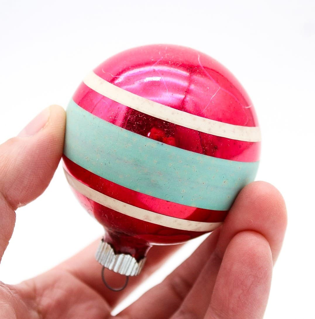 Shiny Brite Vintage Pink Turquoise White Striped Ball Glass Christmas Ornament - Thumbnail 3