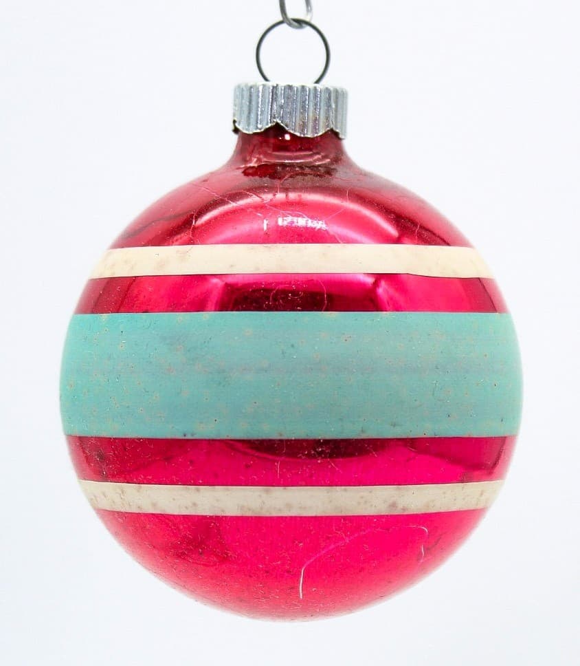 Shiny Brite Vintage Pink Turquoise White Striped Ball Glass Christmas Ornament - Thumbnail 7