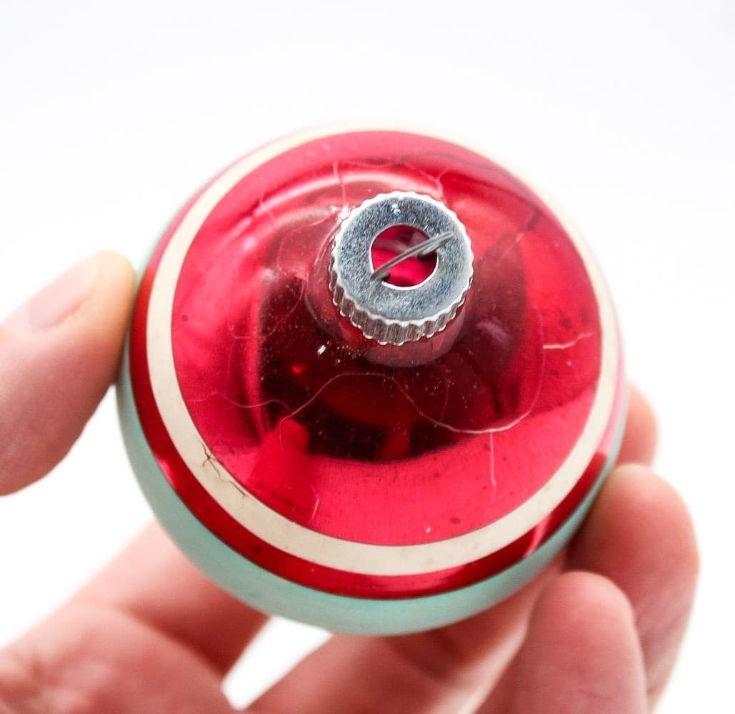 Shiny Brite Vintage Pink Turquoise White Striped Ball Glass Christmas Ornament - Thumbnail 4
