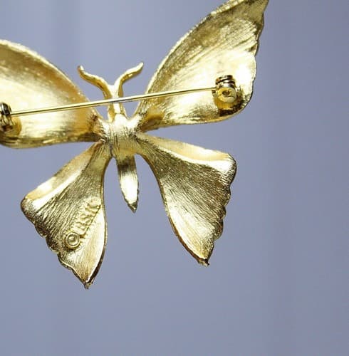 Vintage Gold Tone Textured Butterfly BSK Signed Designed Pin Brooch - Thumbnail 4