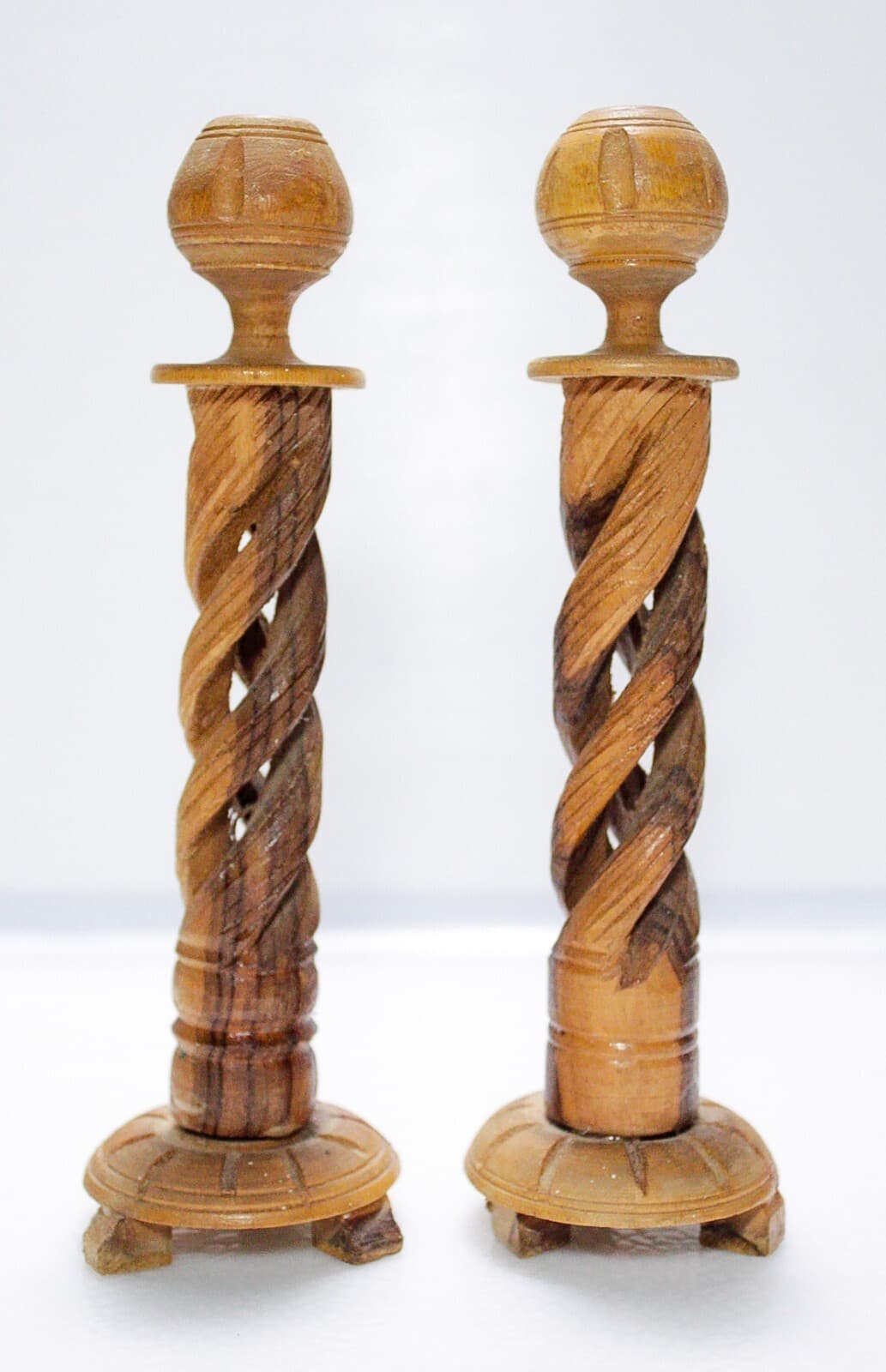 Pair of Vintage Gothic Style Natural Wood Spiral Columns Candle Holders - Thumbnail 7