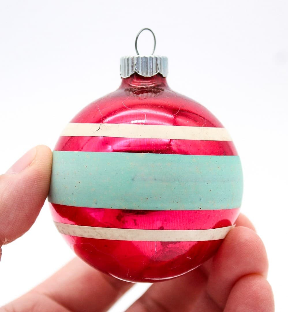 Shiny Brite Vintage Pink Turquoise White Striped Ball Glass Christmas Ornament - Thumbnail 5
