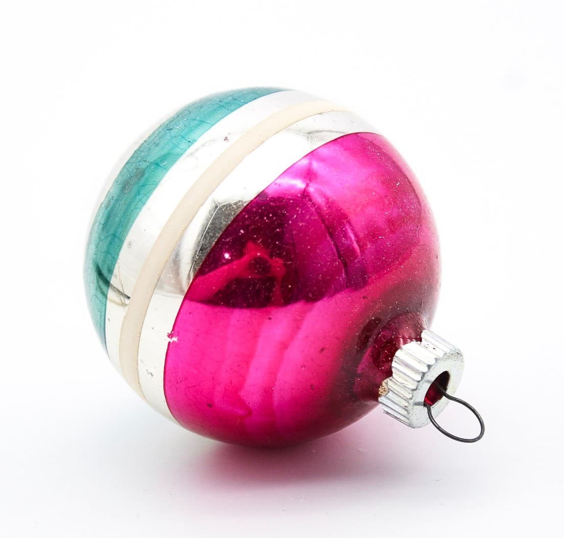 Shiny Brite Vintage Silvered Pink Green Striped Ball Glass Christmas Ornament - Thumbnail 2
