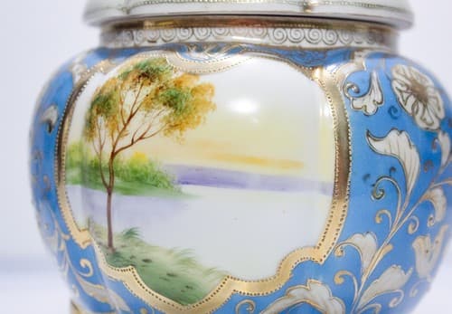NIPPON Japan Antique Hand Painted Scenic Porcelain Covered Biscuit Jar RARE - Thumbnail 7