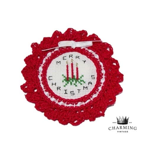 Vintage Handmade Cross Stitch Lace 3 Candle Merry Christmas Fridge Magnet - Image 1