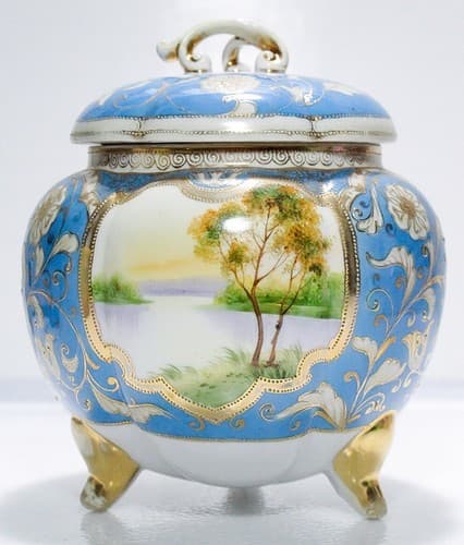 NIPPON Japan Antique Hand Painted Scenic Porcelain Covered Biscuit Jar RARE - Thumbnail 6