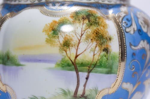NIPPON Japan Antique Hand Painted Scenic Porcelain Covered Biscuit Jar RARE - Thumbnail 2