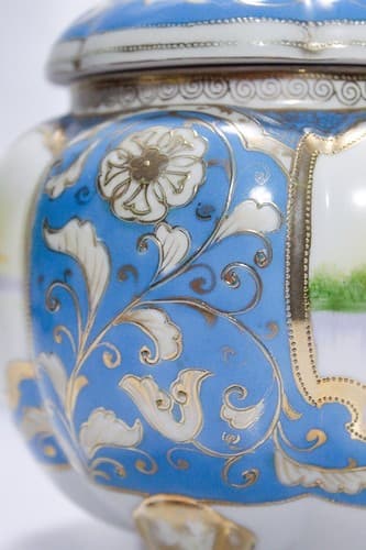 NIPPON Japan Antique Hand Painted Scenic Porcelain Covered Biscuit Jar RARE - Thumbnail 4