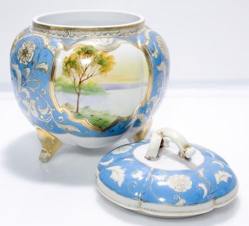 NIPPON Japan Antique Hand Painted Scenic Porcelain Covered Biscuit Jar RARE - Thumbnail 8