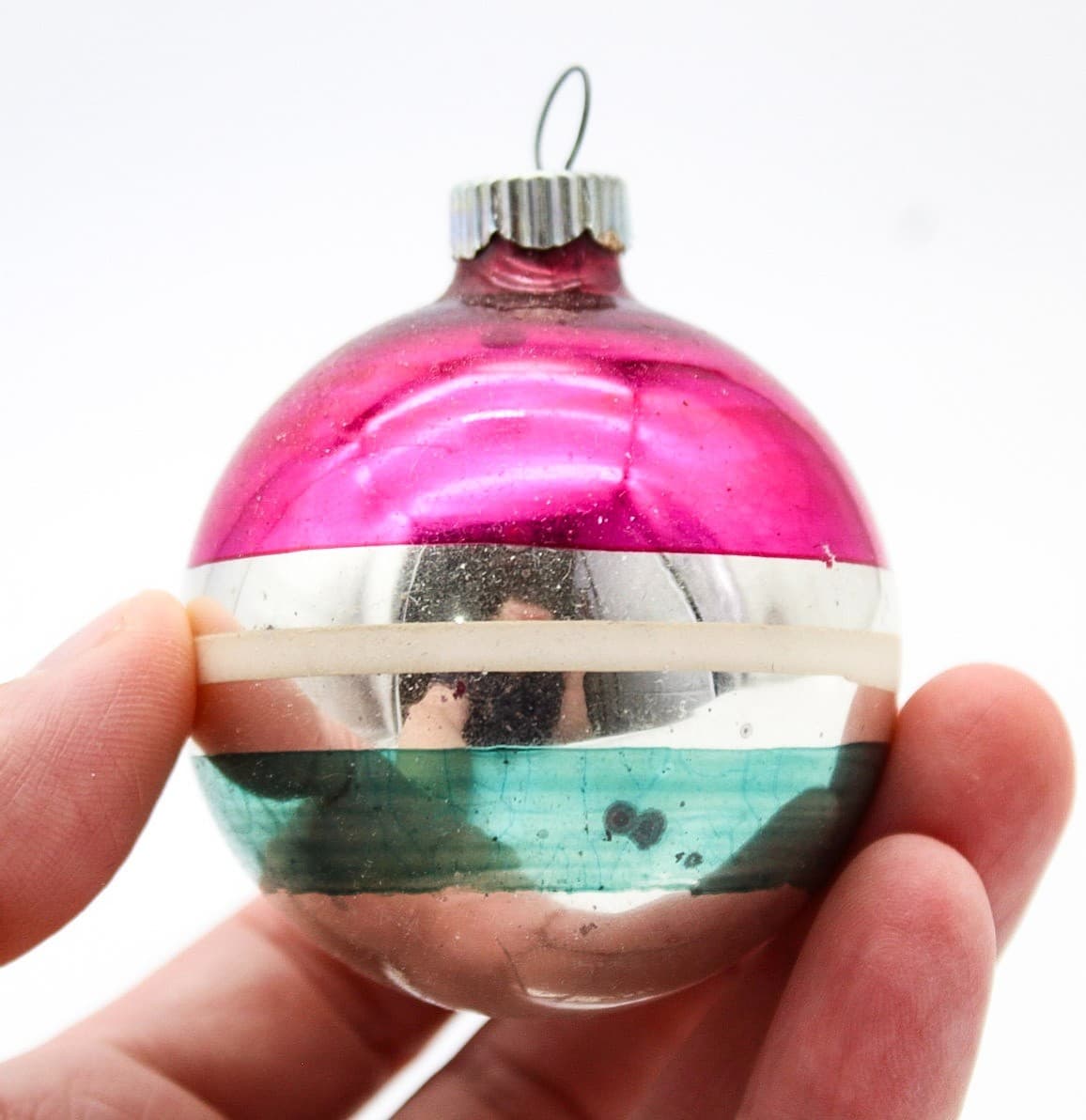 Shiny Brite Vintage Silvered Pink Green Striped Ball Glass Christmas Ornament - Thumbnail 3