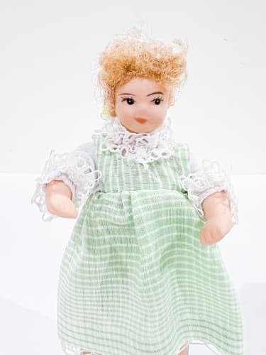 Vintage Victorian Blonde Girl w/Green Striped Laced Dress Mini Porcelain Doll - Thumbnail 2