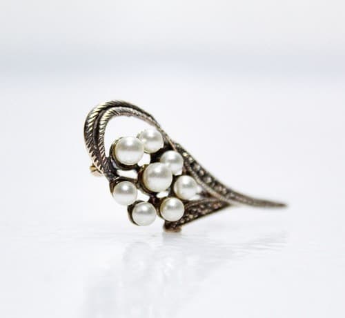 Vintage Sterling Marcasite Faux Pearl Bouquet of Flowers Pin/Brooch - Thumbnail 3