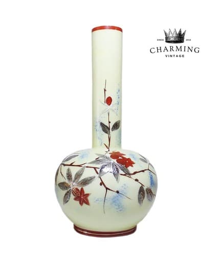 Vintage Antique Asian Hand Painted Tall Glass Floral Motif Vase - Image 1