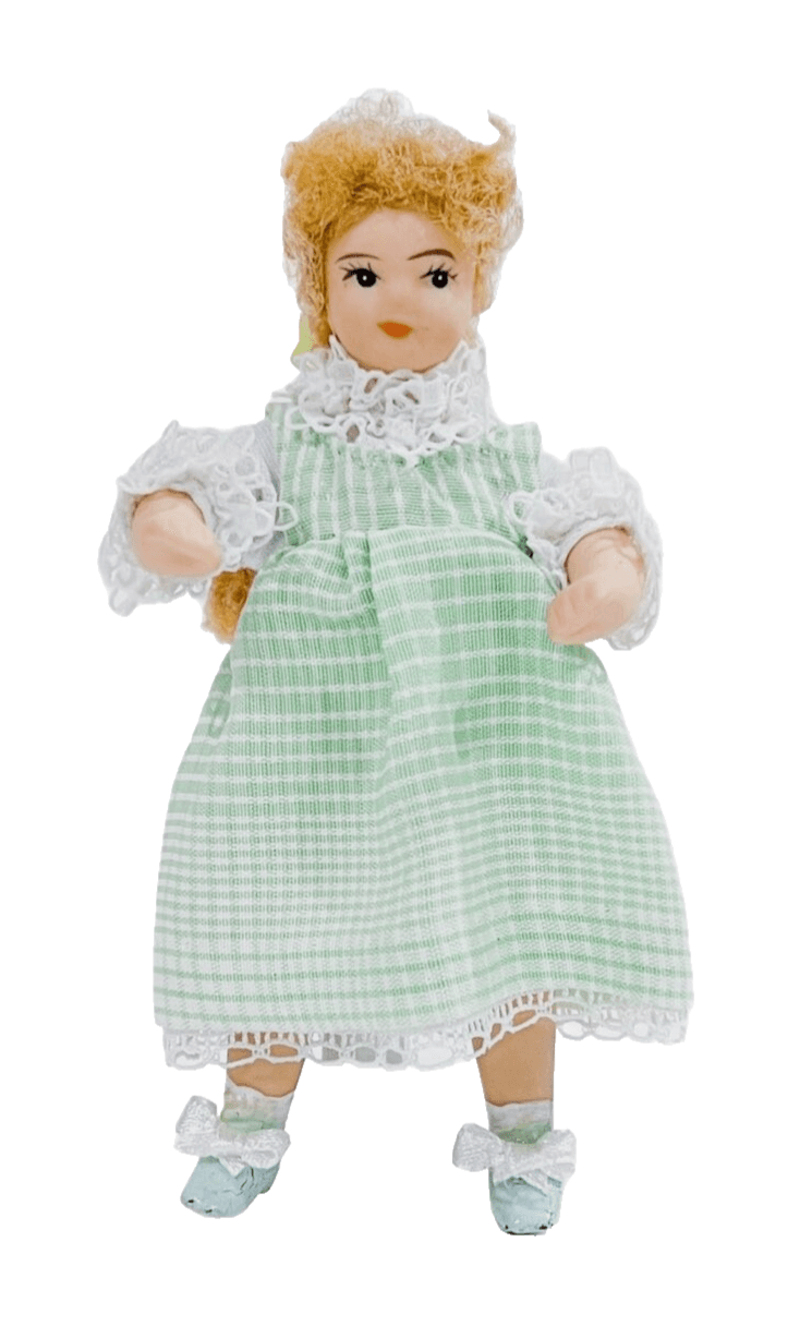 Vintage Victorian Blonde Girl w/Green Striped Laced Dress Mini Porcelain Doll - Image 1