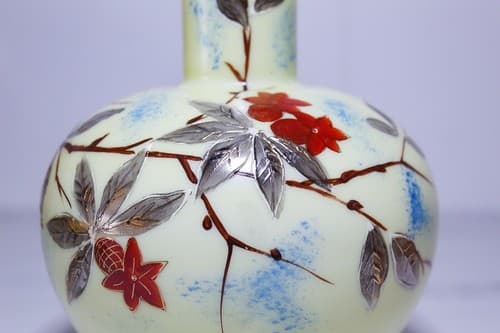 Vintage Antique Asian Hand Painted Tall Glass Floral Motif Vase - Thumbnail 2