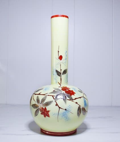 Vintage Antique Asian Hand Painted Tall Glass Floral Motif Vase - Thumbnail 7