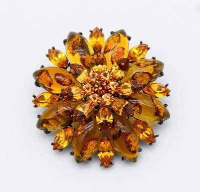 Vintage Baltic Amber & Amber Crystal Faceted Floral Motif Pin Brooch - Thumbnail 2
