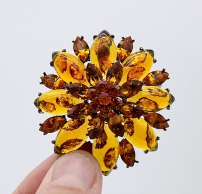 Vintage Baltic Amber & Amber Crystal Faceted Floral Motif Pin Brooch - Thumbnail 6