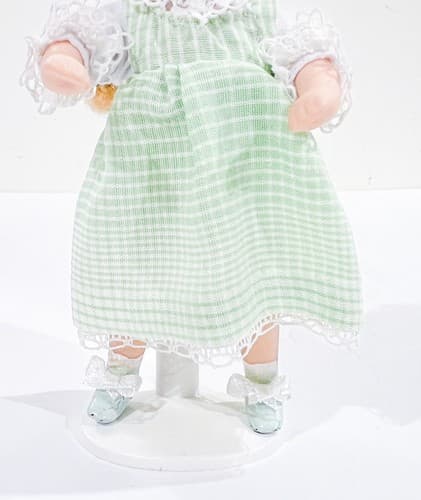 Vintage Victorian Blonde Girl w/Green Striped Laced Dress Mini Porcelain Doll - Thumbnail 3