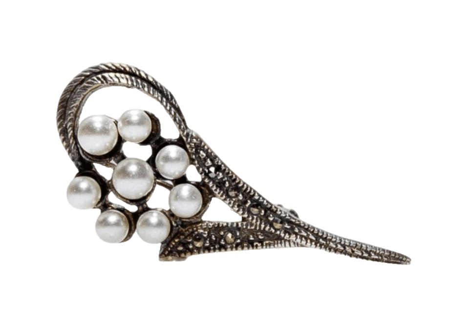 Vintage Sterling Marcasite Faux Pearl Bouquet of Flowers Pin/Brooch - Image 1