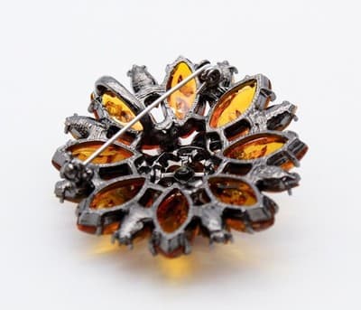 Vintage Baltic Amber & Amber Crystal Faceted Floral Motif Pin Brooch - Thumbnail 9