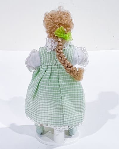 Vintage Victorian Blonde Girl w/Green Striped Laced Dress Mini Porcelain Doll - Thumbnail 4