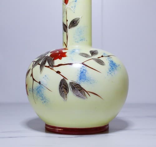 Vintage Antique Asian Hand Painted Tall Glass Floral Motif Vase - Thumbnail 4