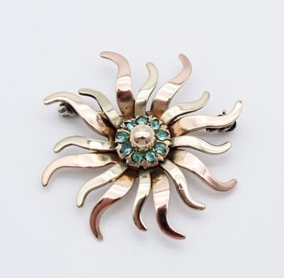 Vintage L.S. Co Deco Style Sunburst 12k Gold Filled Aqua Rhinestone Pin Brooch - Thumbnail 4