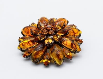 Vintage Baltic Amber & Amber Crystal Faceted Floral Motif Pin Brooch - Thumbnail 4