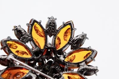 Vintage Baltic Amber & Amber Crystal Faceted Floral Motif Pin Brooch - Thumbnail 8