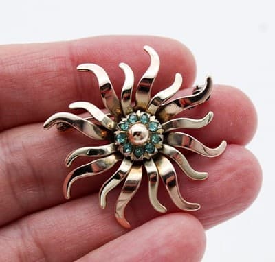 Vintage L.S. Co Deco Style Sunburst 12k Gold Filled Aqua Rhinestone Pin Brooch - Thumbnail 3