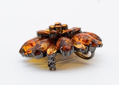 Vintage Baltic Amber & Amber Crystal Faceted Floral Motif Pin Brooch - Thumbnail 7