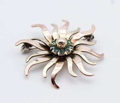 Vintage L.S. Co Deco Style Sunburst 12k Gold Filled Aqua Rhinestone Pin Brooch - Thumbnail 2
