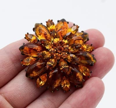 Vintage Baltic Amber & Amber Crystal Faceted Floral Motif Pin Brooch - Thumbnail 3