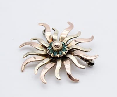 Vintage L.S. Co Deco Style Sunburst 12k Gold Filled Aqua Rhinestone Pin Brooch - Thumbnail 6