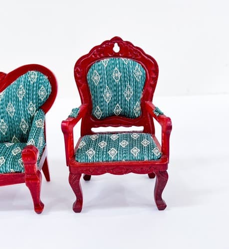 Vtg Victorian Style Artisan Mirrorback Sofa &Chair Green &Mahogany Dollhouse - Thumbnail 2