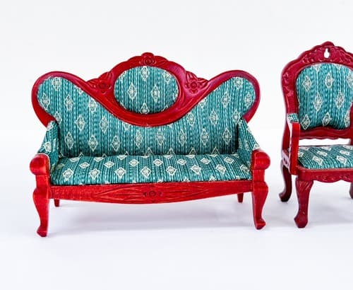 Vtg Victorian Style Artisan Mirrorback Sofa &Chair Green &Mahogany Dollhouse - Thumbnail 6