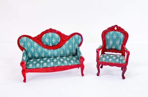 Vtg Victorian Style Artisan Mirrorback Sofa &Chair Green &Mahogany Dollhouse - Thumbnail 5
