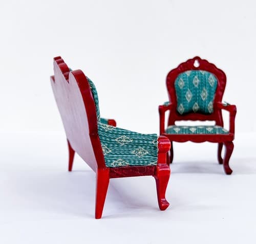 Vtg Victorian Style Artisan Mirrorback Sofa &Chair Green &Mahogany Dollhouse - Thumbnail 3